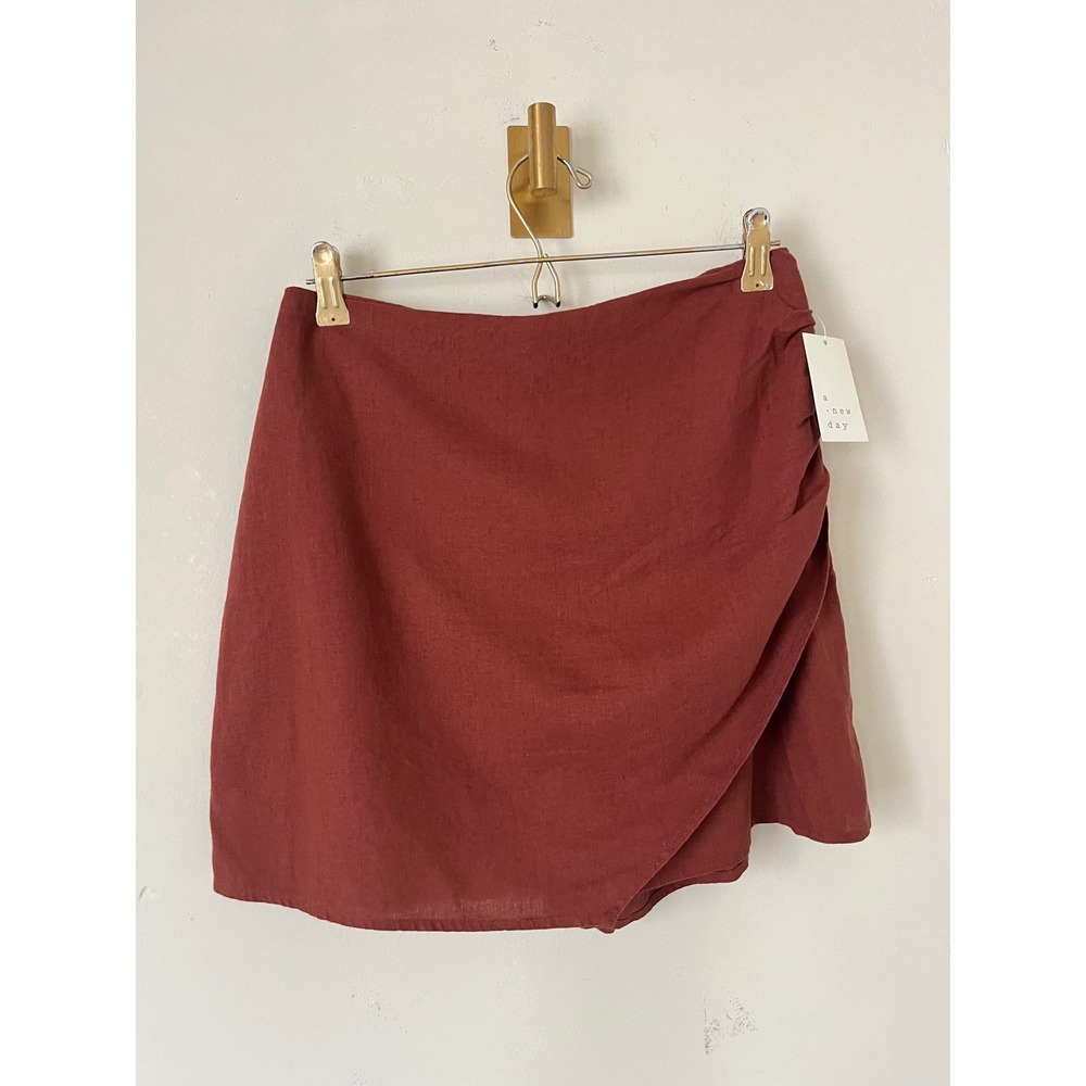 A New Day Brown Linen Blend Wrap Front Mini Skort Size 12 Rust Cottagecore NWT